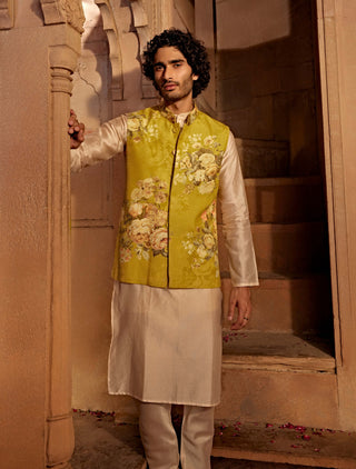 Yavi Yellow Bundi And Kurta Set by Kalista Men, available on Indiaspopup.com