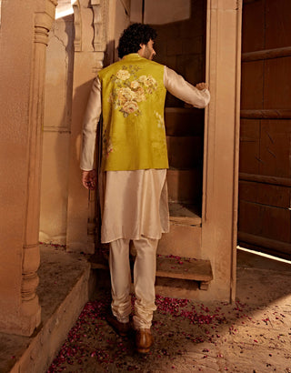 Yavi Yellow Bundi And Kurta Set by Kalista Men, available on Indiaspopup.com