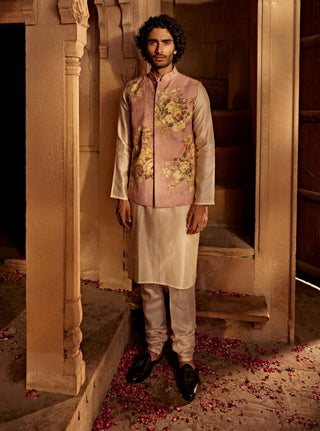 Sufiyan Blush Pink Bundi And Kurta Set by Kalista Men, available on Indiaspopup.com