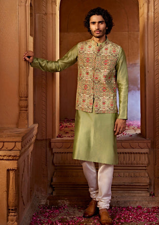 Rehan Olive Green Bundi And Kurta Set by Kalista Men, available on Indiaspopup.com