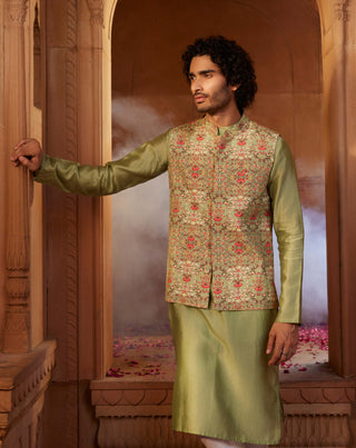 Rehan Olive Green Bundi And Kurta Set by Kalista Men, available on Indiaspopup.com