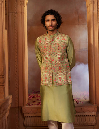 Rehan Olive Green Bundi And Kurta Set by Kalista Men, available on Indiaspopup.com