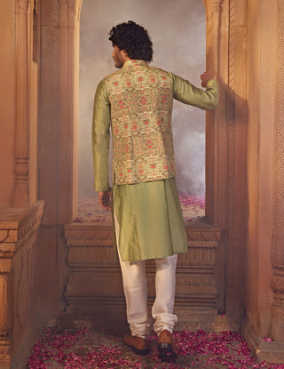 Rehan Olive Green Bundi And Kurta Set by Kalista Men, available on Indiaspopup.com