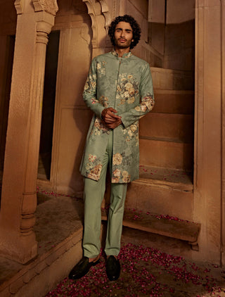 Saif Mint Blue Sherwani And Pants by Kalista Men, available on Indiaspopup.com