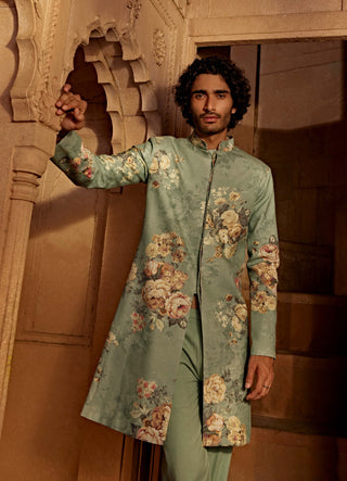 Saif Mint Blue Sherwani And Pants by Kalista Men, available on Indiaspopup.com