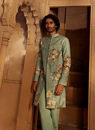 Saif Mint Blue Sherwani And Pants by Kalista Men, available on Indiaspopup.com