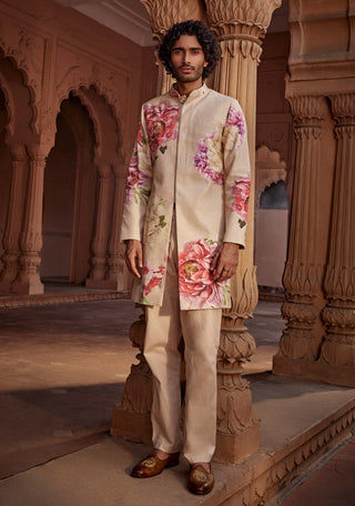 Ridhwan Beige Sherwani And Pants by Kalista Men, available on Indiaspopup.com