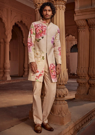 Ridhwan Beige Sherwani And Pants by Kalista Men, available on Indiaspopup.com