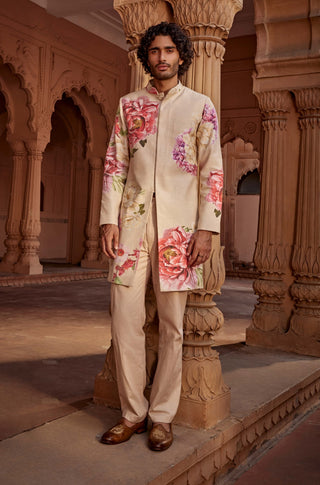 Ridhwan Beige Sherwani And Pants by Kalista Men, available on Indiaspopup.com