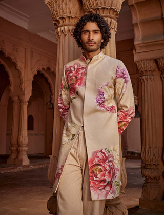 Ridhwan Beige Sherwani And Pants by Kalista Men, available on Indiaspopup.com