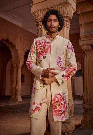 Ridhwan Beige Sherwani And Pants by Kalista Men, available on Indiaspopup.com