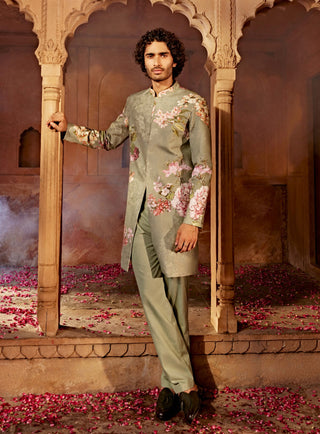 Aadar Mint Green Sherwani And Pants by Kalista Men, available on Indiaspopup.com