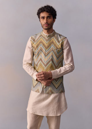 Sehej Beige Kurta And Green Bundi Set by Kalista Men available on Indiaspopup.com