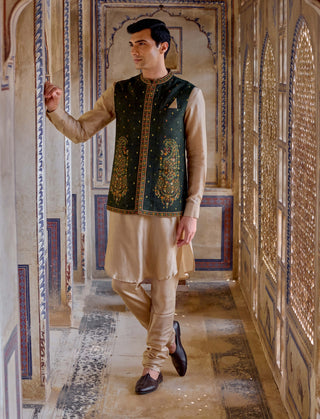 Taimur Bottle Green Bundi Set by Kalista Men available on Indiaspopup