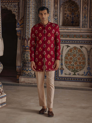 Nawaz Crimson Red Achkan Kurta And Pants by Kalista Men available on Indiaspopup