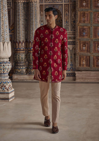 Nawaz Crimson Red Achkan Kurta And Pants by Kalista Men available on Indiaspopup