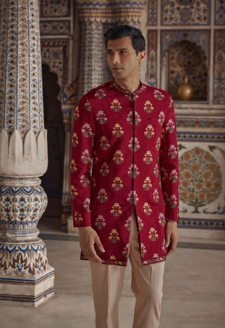 Nawaz Crimson Red Achkan Kurta And Pants by Kalista Men available on Indiaspopup