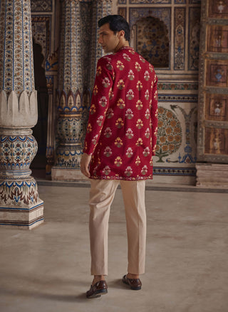 Nawaz Crimson Red Achkan Kurta And Pants by Kalista Men available on Indiaspopup