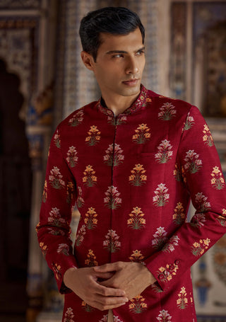 Nawaz Crimson Red Achkan Kurta And Pants by Kalista Men available on Indiaspopup