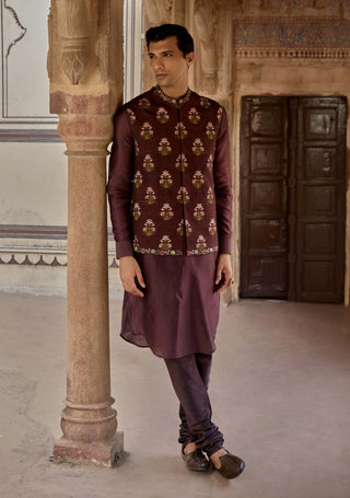 Nawaz Dark Purple Bundi Set by Kalista Men available on Indiaspopup