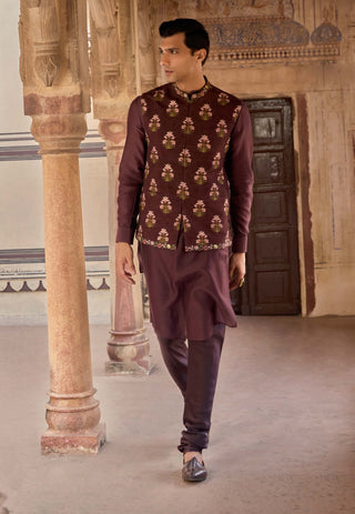 Nawaz Dark Purple Bundi Set by Kalista Men available on Indiaspopup