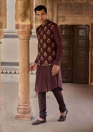 Nawaz Dark Purple Bundi Set by Kalista Men available on Indiaspopup