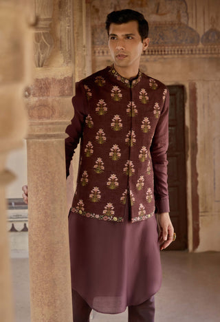 Nawaz Dark Purple Bundi Set by Kalista Men available on Indiaspopup