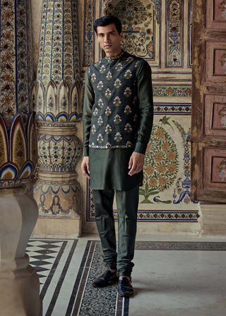 Nawaz Dark Sage Bundi Set by Kalista Men available on Indiaspopup