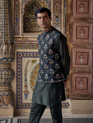 Nawaz Dark Sage Bundi Set by Kalista Men available on Indiaspopup