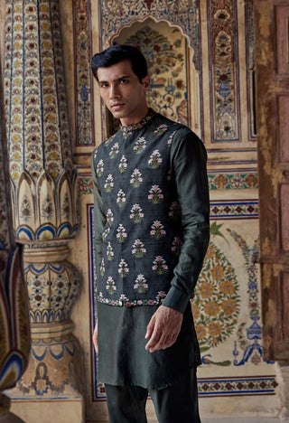 Nawaz Dark Sage Bundi Set by Kalista Men available on Indiaspopup