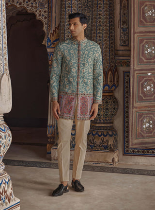 Jahan Teal Green Achkan And Pants by Kalista Men available on Indiaspopup