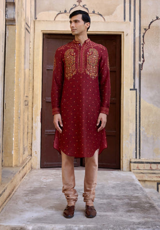 Taimur Maroon Kurta And Churidar by Kalista Men available on Indiaspopup