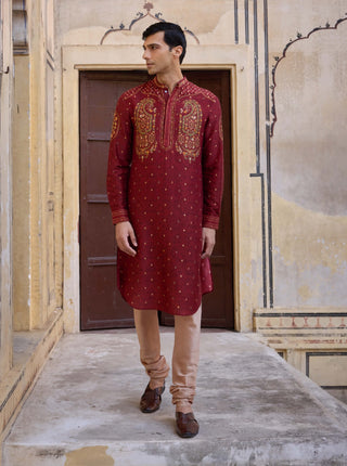 Taimur Maroon Kurta And Churidar by Kalista Men available on Indiaspopup