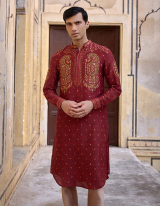 Taimur Maroon Kurta And Churidar by Kalista Men available on Indiaspopup