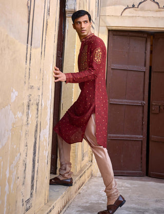 Taimur Maroon Kurta And Churidar by Kalista Men available on Indiaspopup