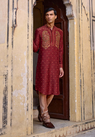 Taimur Maroon Kurta And Churidar by Kalista Men available on Indiaspopup