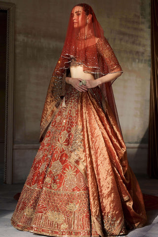 Vintage lotus pond aged tangerine lehenga set