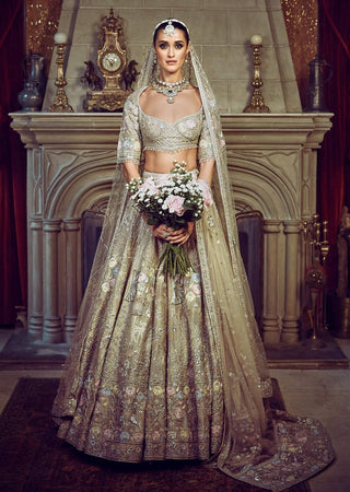 Autumn Antelope-Aged Gold Lehenga Set by Matsya available on Indiaspopup.com