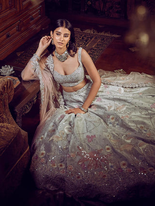 Ice Blue Flamingo Landscape Lehenga Set by Matsya available on Indiaspopup.com