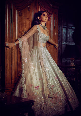 Ice Blue Flamingo Landscape Lehenga Set by Matsya available on Indiaspopup.com