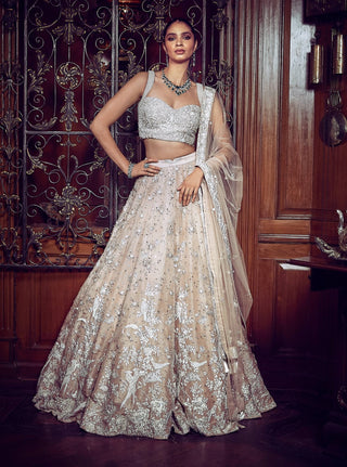 Contemporary Parsi Aged Peach Lehenga Set by Matsya available on Indiaspopup.com