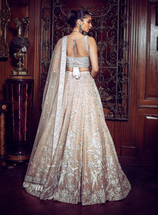 Contemporary Parsi Aged Peach Lehenga Set by Matsya available on Indiaspopup.com