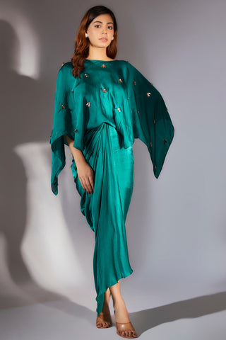 Masumi Mewawalla-Teal Green Embroidered Drape Dress-INDIASPOPUP.COM