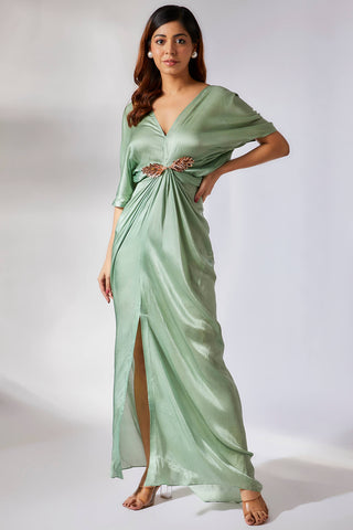 Masumi Mewawalla-Sage Green Embroidered Draped Dress-INDIASPOPUP.COM