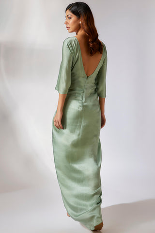 Masumi Mewawalla-Sage Green Embroidered Draped Dress-INDIASPOPUP.COM