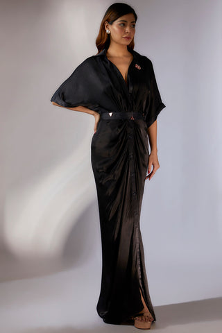 Masumi Mewawalla-Black Embroidered Shirt Dress With Belt-INDIASPOPUP.COM