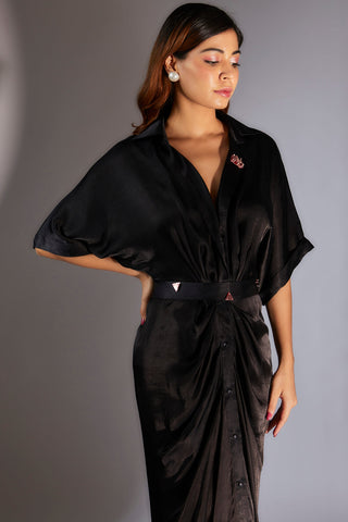 Masumi Mewawalla-Black Embroidered Shirt Dress With Belt-INDIASPOPUP.COM