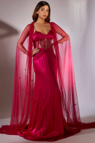 Masumi Mewawalla-Hot Pink Embroidered Corset Gown With Cape-INDIASPOPUP.COM