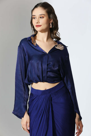 Masumi Mewawalla-Royal Blue Embroidered Draped Shirt With Skirt-INDIASPOPUP.COM