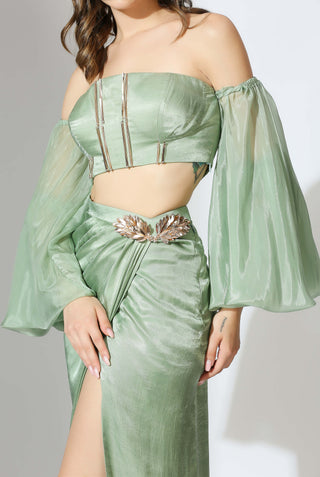 Masumi Mewawalla-Sage Green Off-Shoulder Corset And Skirt-INDIASPOPUP.COM